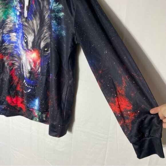 Black Red Multicolour Wolf Galaxy Hoodie XL - Picture 13 of 15